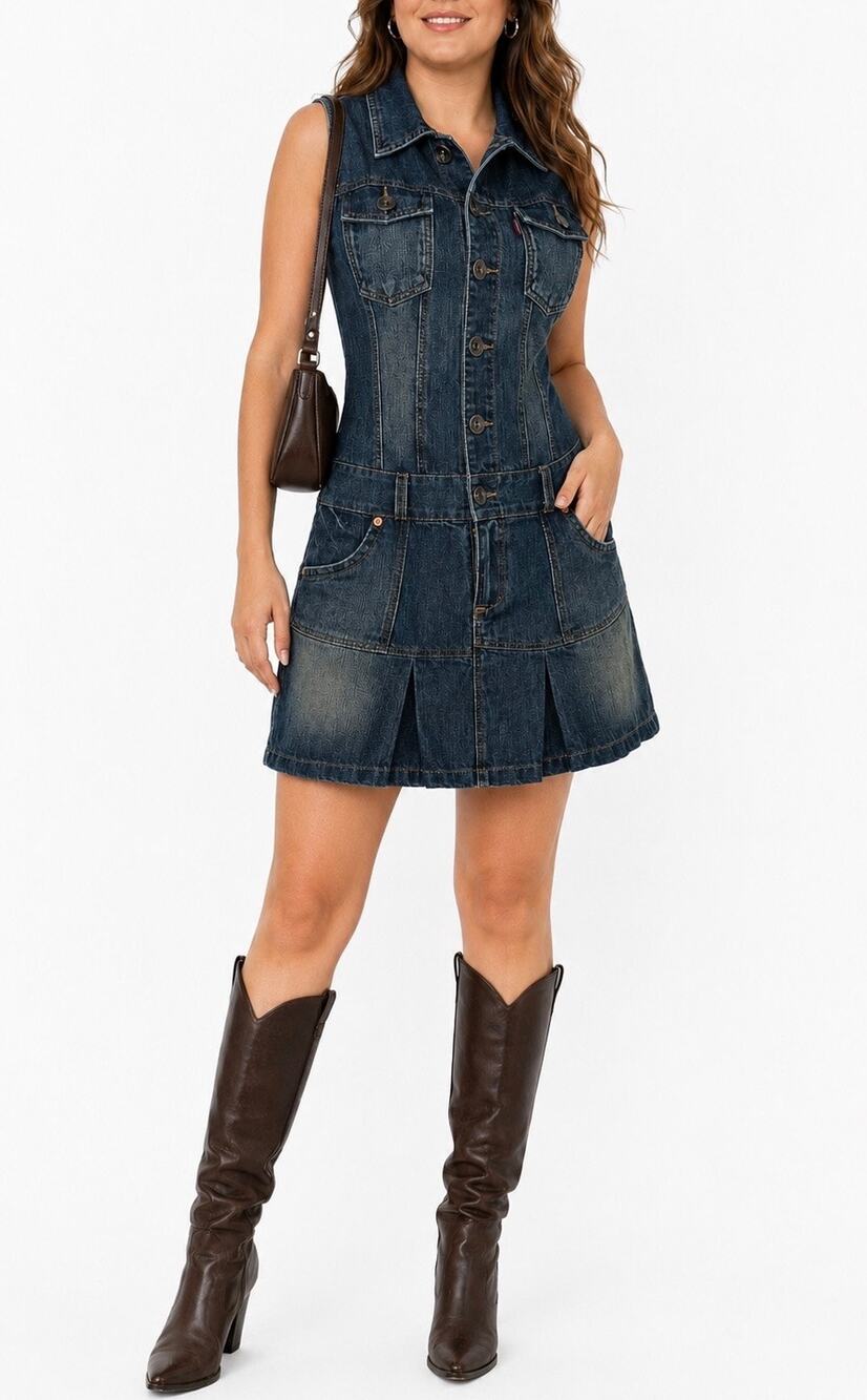 Vintage Cowden Jeans Y2K Denim Pleated Mini Dress Women’s Size Large